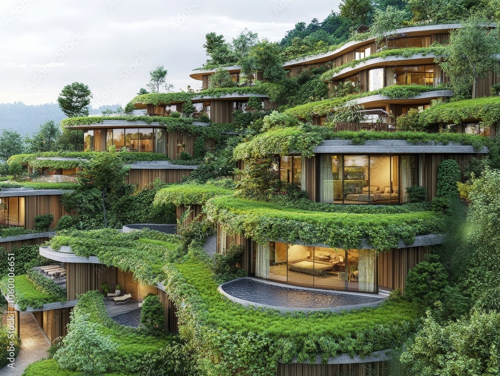 Obraz premium A community of eco-friendly homes built into the hillside, with living roofs and rainwater harvesting systems.