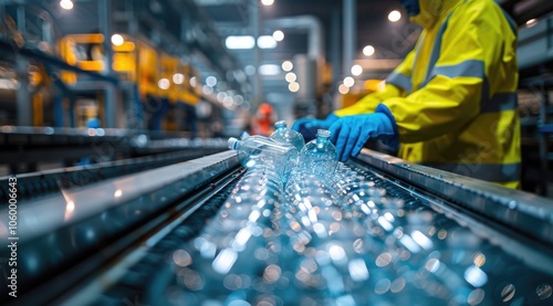 Wallpaper Mural Worker inspecting plastic bottles on a conveyor belt Torontodigital.ca