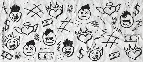 Black wax crayon drawing grafitti elements. Set of vector charcoal outline symbols cute heart, mohawk hairstyle head, mouth stick out tongue on the crumpled paper. Retro rock elements.
