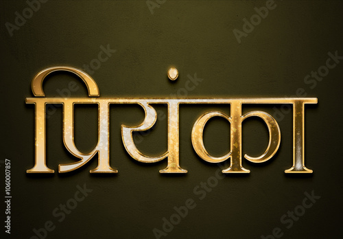 Old gold text effect of Hindi name Priyanka with 3D glossy style Mockup in Hindi. photo