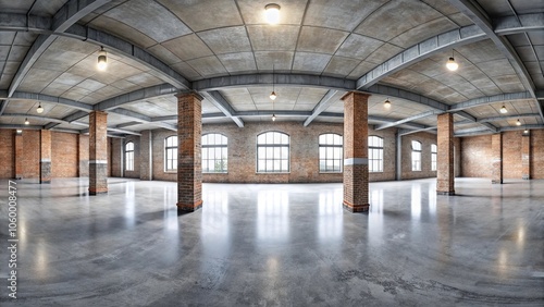 A spacious industrial interior with exposed brick walls and concrete floor, featuring a grid of metal beams supporting the ceiling and a row of pillars creating a sense of grandeur