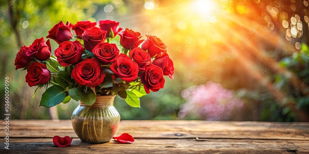 A vase filled with blooming red roses sits on a rustic wooden surface, bathed in warm sunlight that filters through the leaves. A vase filled with blooming red roses sits on a rustic wooden surface, bathed in warm sunlight that filters through the leaves.