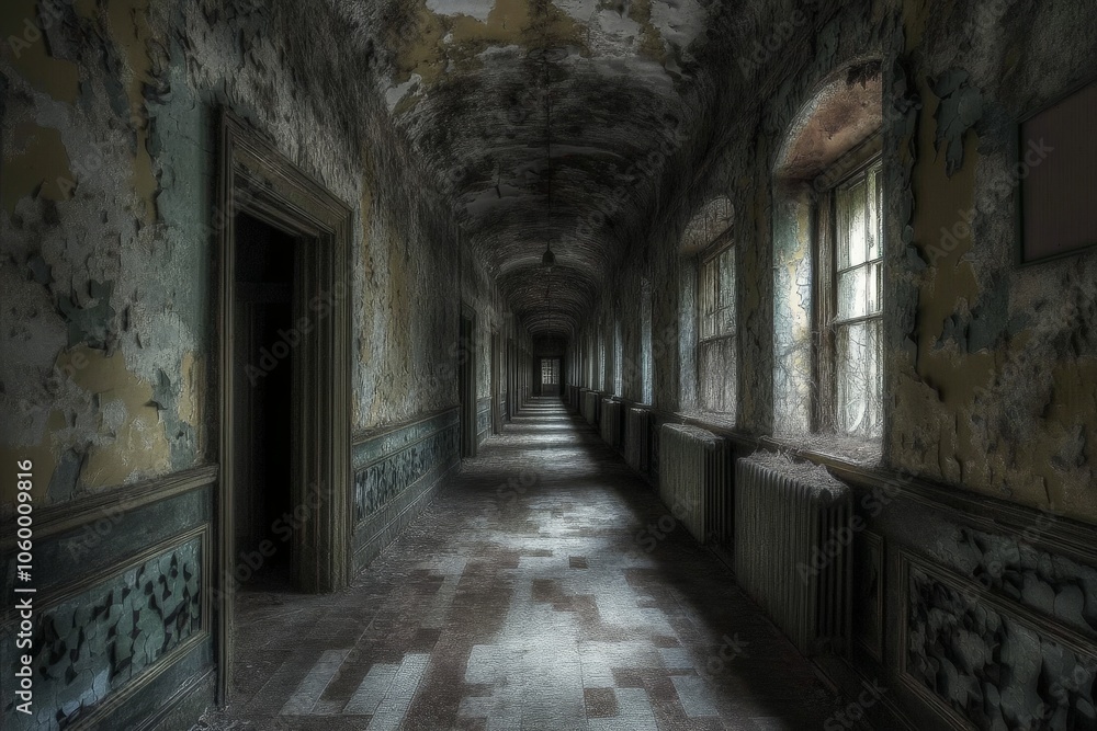 A dilapidated asylum, with long, dark hallways and peeling wallpaper, giving off a haunting atmosphere. A dilapidated asylum, with long, dark hallways and peeling wallpaper, giving off a haunting atmosphere.