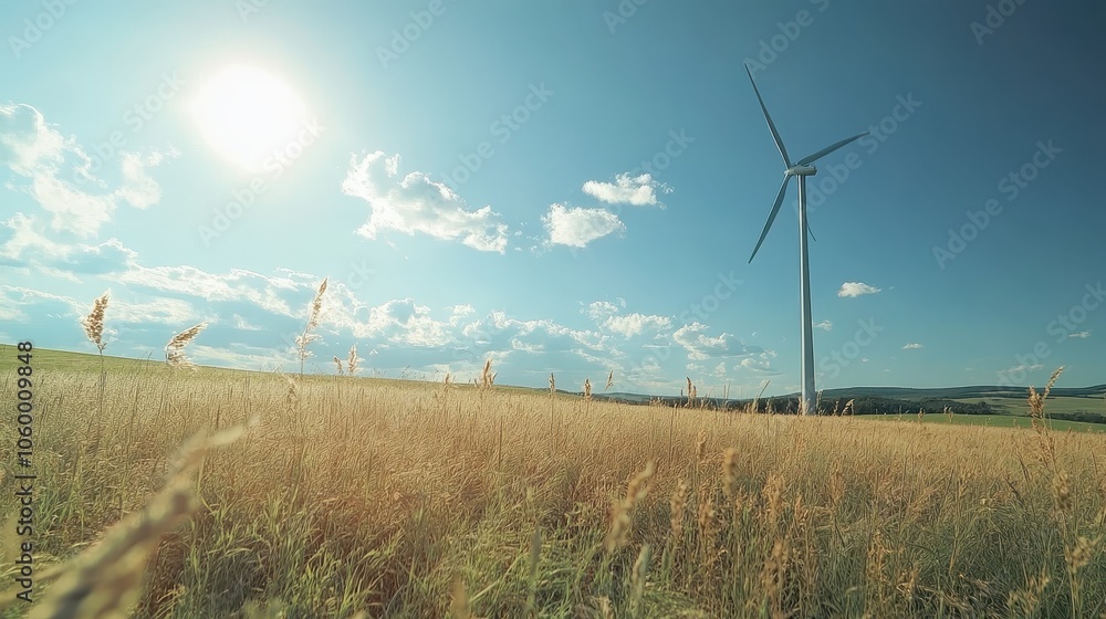 Fototapeta premium Wind turbine farm generates clean energy, harnessing the power of the wind to produce electricity.