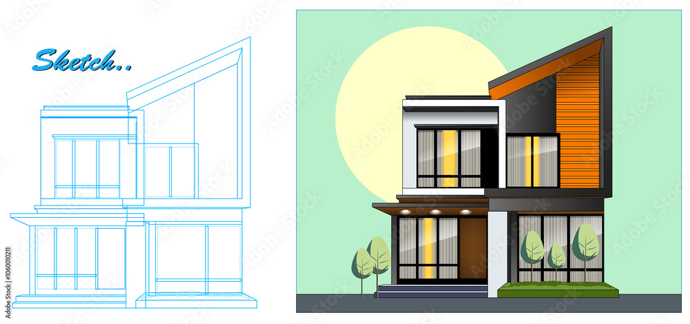 Obraz premium Template of Modern Minimalist House Design with Blueprint Sketch