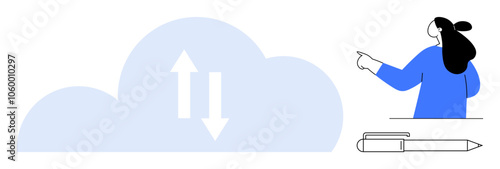 Cloud with upload and download arrows, person pointing, and pen. Ideal for technology, cloud computing, digital storage, online data transfer, and internet connectivity. Simple flat vector style