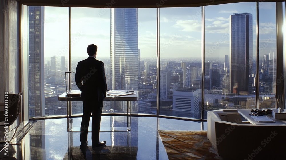 Fototapeta premium An executive reviewing documents in a high-rise office with city views.