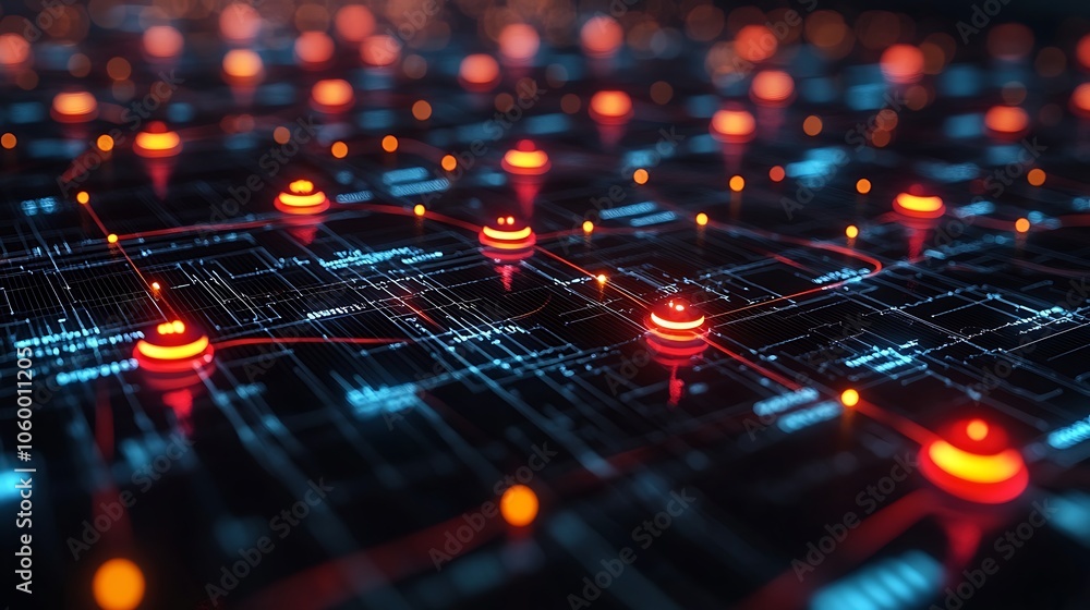 Abstract digital network with glowing nodes and lines on a dark background. Abstract digital network with glowing nodes and lines on a dark background.