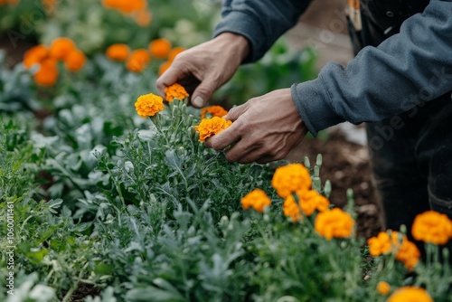 A farmer explaining the benefits of companion planting, using marigolds to naturally repel pests in an organic garden. photo