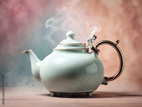 Close up of steam coming out from spout of hot ceramic kettle. Boiling kettle with steam. Traditional teapot, traditional Asian kettle, tea concept. Selective focus. Perfect for teapot party photo