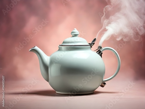 Close up of steam coming out from spout of hot ceramic kettle. Boiling kettle with steam. Traditional teapot, traditional Asian kettle, tea concept. Selective focus. Perfect for teapot party photo