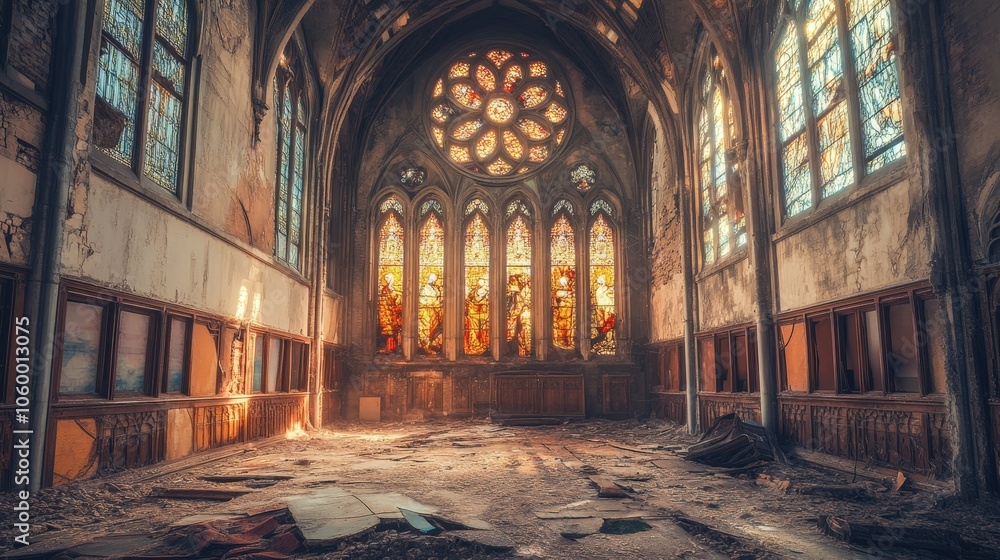 Obraz premium A forgotten cathedral in a small town, its once-beautiful stained glass windows shattered and the interior covered in dust.