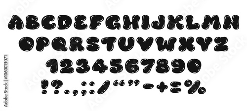 Black bubble alphabet, kids font. Cute numbers from 0 to 9. Funny balloon typeface in trendy y2k graffiti style. Playful bubble font. Plump digits and letters, punctuation marks