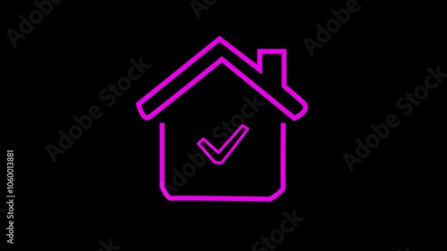 neon out line of a house against a black background.house includes trianglular roof .squre checkmark symbol  a modern and minimalist aesthetic 4k video  photo