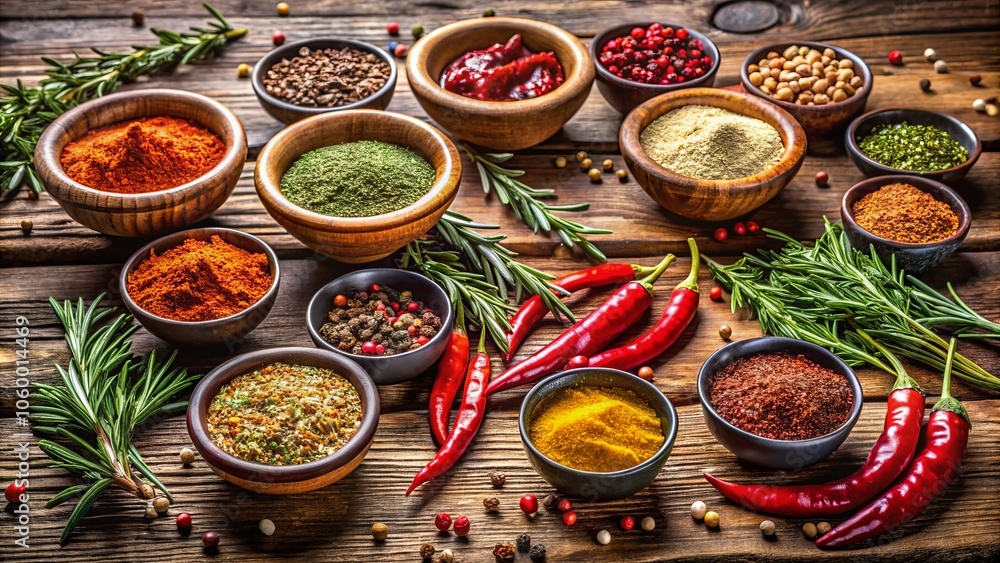 Aromatic Symphony of Spices and Herbs, Creating a Culinary Tapestry on Rustic Wooden Surface Aromatic Symphony of Spices and Herbs, Creating a Culinary Tapestry on Rustic Wooden Surface