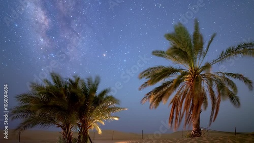 Time lapse of beautiful night Stars milky way motion at oasis desert camping with date palm tree