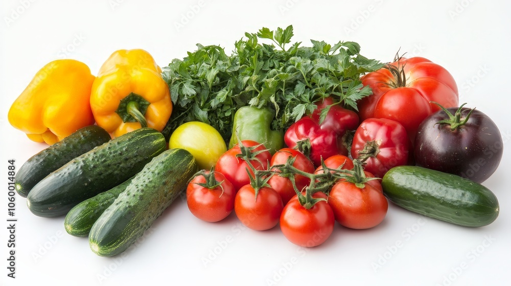 A healthy assortment of biodynamic vegetables, including heirloom tomatoes, cucumbers, and peppers, showcasing the benefits of regenerative agriculture, isolated on a white background A healthy assortment of biodynamic vegetables, including heirloom tomatoes, cucumbers, and peppers, showcasing the benefits of regenerative agriculture, isolated on a white background