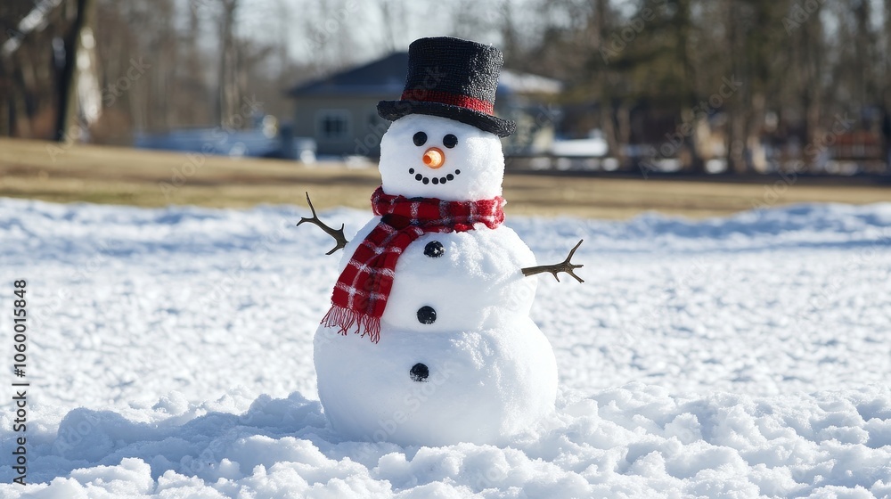 Fototapeta premium Create a peaceful winter scene with a cheerful snowman, surrounded by soft snow and a spacious copy space background, perfect for seasonal greetings or holiday messages.