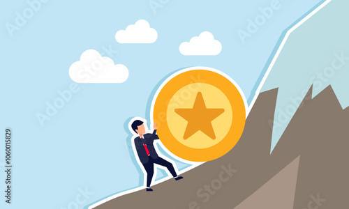 A businessman pushing an award medal to climb a mountain, illustration of striving to achieve the best business title despite the challenges