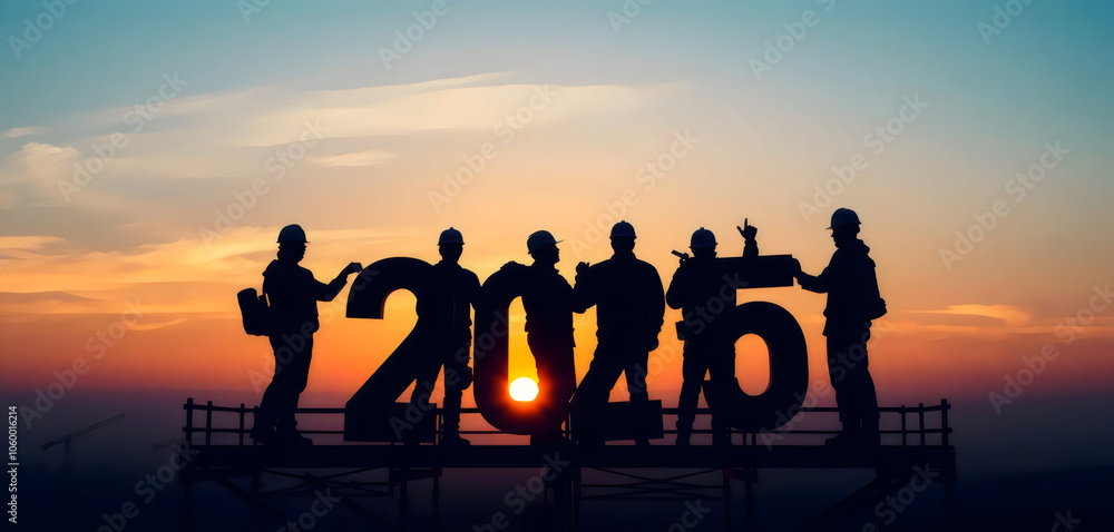 Obraz premium Silhouettes of Workers Holding 2015 at Sunset