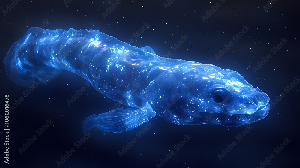 Fototapeta premium Glowing blue fish swims in a galaxy of stars.