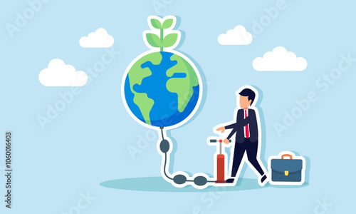 A businessman pumping a globe with green plants, illustration of efforts to sustain a business that recognizes the importance of going green