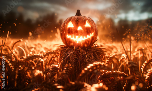 Jack-o'-lantern in the Field: A chillingly beautiful scene of a glowing Jack-o'-lantern perched atop a scarecrow in a field of wheat, bathed in an ethereal light, as the sun sets behind the horizon. photo