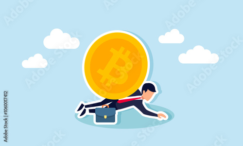 A businessman trapped under a bitcoin, unable to break free, illustration of bitcoin asset loss and stagnation