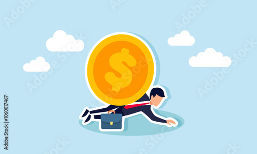 A businessman trapped under a dollar coin, unable to break free, illustration of investment asset loss and stagnation
