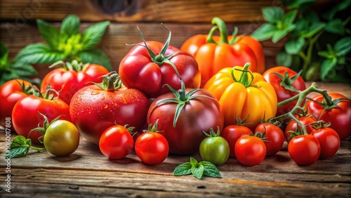 Vibrant Portrait of Juicy Red Tomatoes - Healthy Eating Inspiration with Various Varieties and Sizes on a Rustic Table