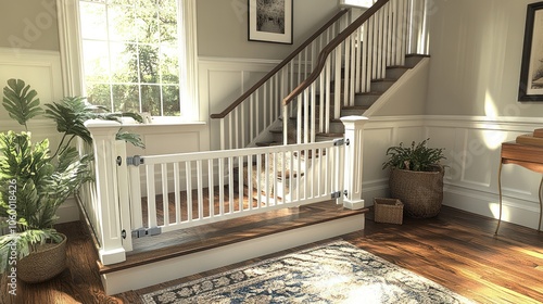 A stylish indoor staircase with a safety gate and plants.