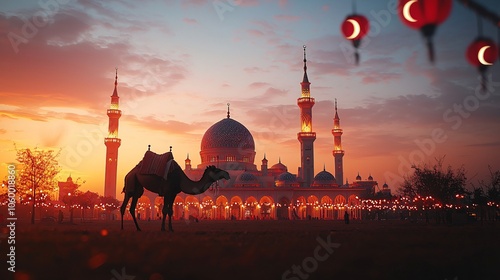 Camel Silhouette at a Mosque During Sunset photo