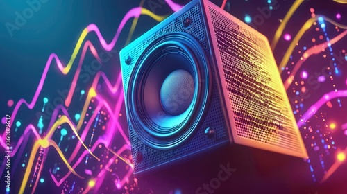 Vibrant speaker with sound waves on a colorful, illuminated background.