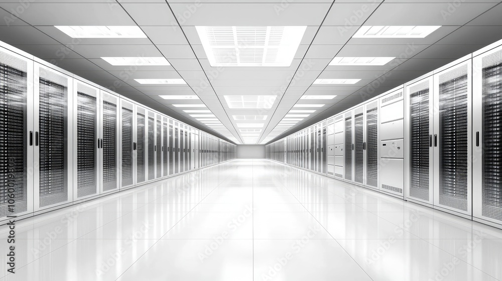 Fototapeta premium A modern data center with rows of servers and bright overhead lights reflecting off the polished floor.