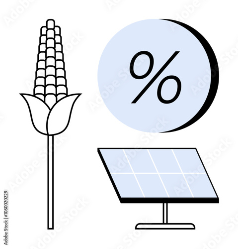 Corn plant, solar panel, and percentage sign symbolizing sustainable energy sources and cost savings. Ideal for eco-friendly farming, renewable energy, green technology, sustainable living