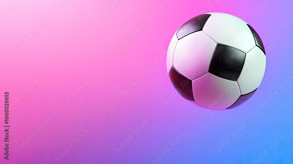 Fototapeta premium Dynamic soccer ball on a vibrant pink and blue gradient background.