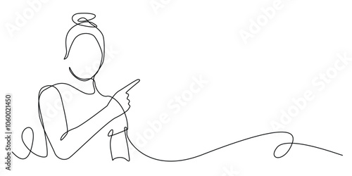 continuous line drawing of woman pointing with finger.one line drawing of promotional woman.business promotion template,woman pointing.isolated white background