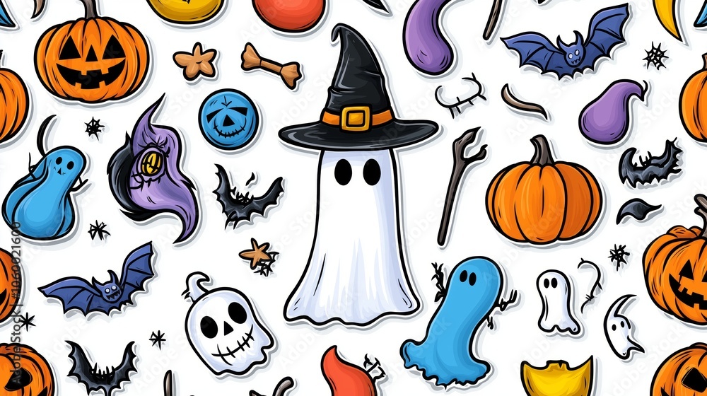Halloween Cartoon Stickers Seamless Pattern Design Halloween Cartoon Stickers Seamless Pattern Design