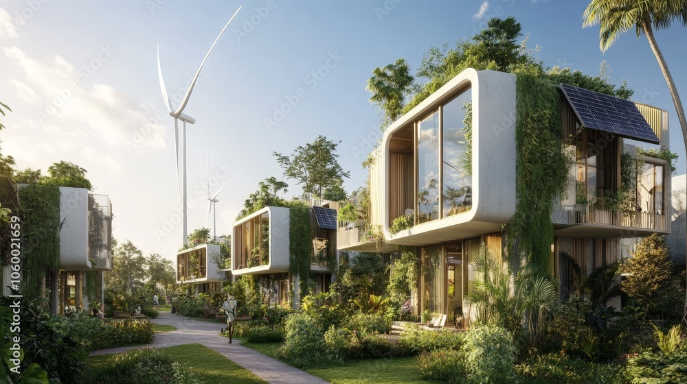 Fototapeta premium A sustainable community with eco-friendly homes powered by solar energy and wind turbines, with shared gardens and green spaces.