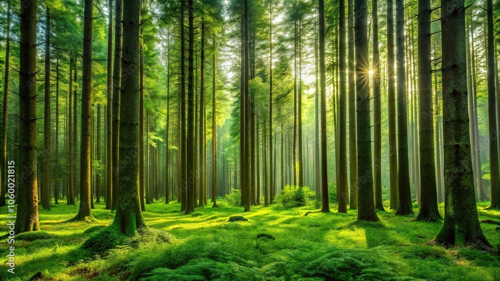 Obraz premium A lush green forest with tall trees standing upright in the foreground, plant life, serene