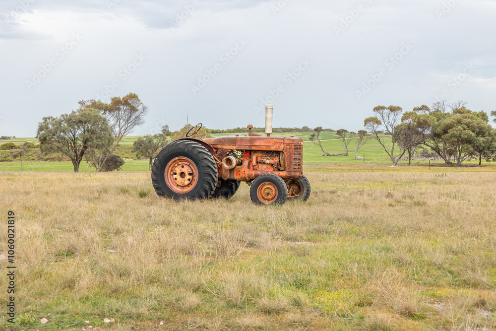 Obraz premium An old orange tractor parked in the middle of a field of grass with some trees on a farm under a cloudy, overcast sky on the Yorke Peninsula in South Australia.