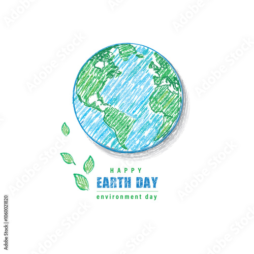 Earth day eco friendly concept. Like child`s hand drawn pastel color scheme vector art. World ecology globe planet. Save nature. Crayon, pencil, chalk stroke art. 