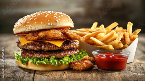 A delicious burger stacked with cheese, crispy chicken, and lettuce, served with golden fries and a side of ketchup.