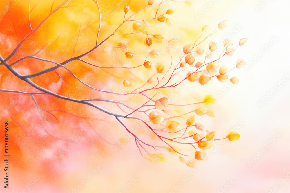 Fototapeta premium Delicate branch with soft yellow leaves against warm orange background, evoking serene autumn atmosphere