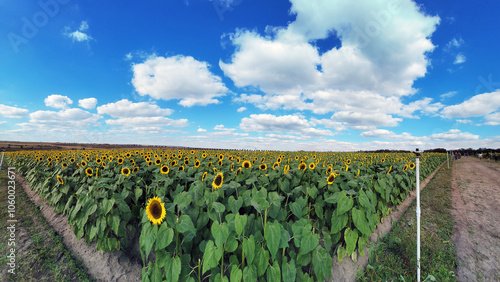 Sunflower Field at Sunset Summer Sky and Golden Sunshine – Vacation Scene of beautiful yellow flowers growing in Florida. Panoramic Photography Banner Template.