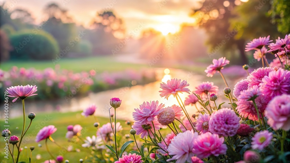 Obraz premium A serene landscape of a garden at dawn with soft pink hues and dew-kissed flowers, flowers blooming, nature
