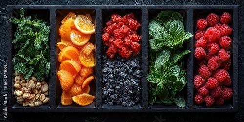 A black tray with six compartments filled with different ingredients nuts, mint leaves, apricots, dried fruit, berries, and dried cranberries. photo