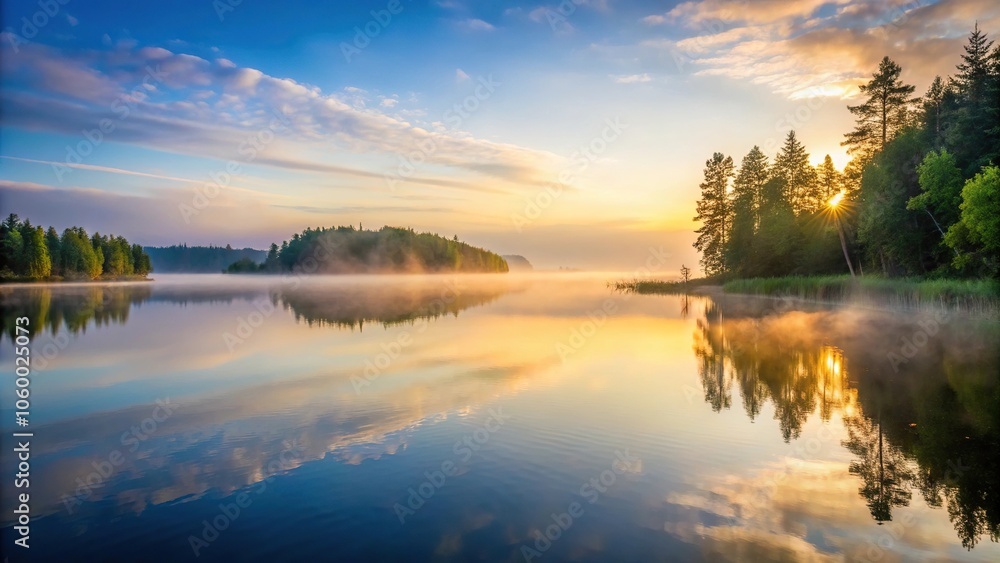 Fototapeta premium A serene summer lake at dawn with a misty fog rolling in off the water, peaceful, water, reflection