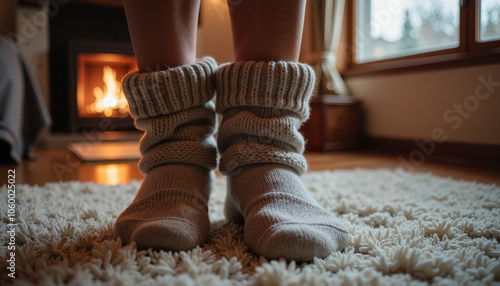 Cozy winter socks on carpet by fire