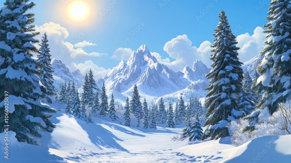 Fototapeta premium Frozen Beauty: Snow-Covered Trees and Peaks
